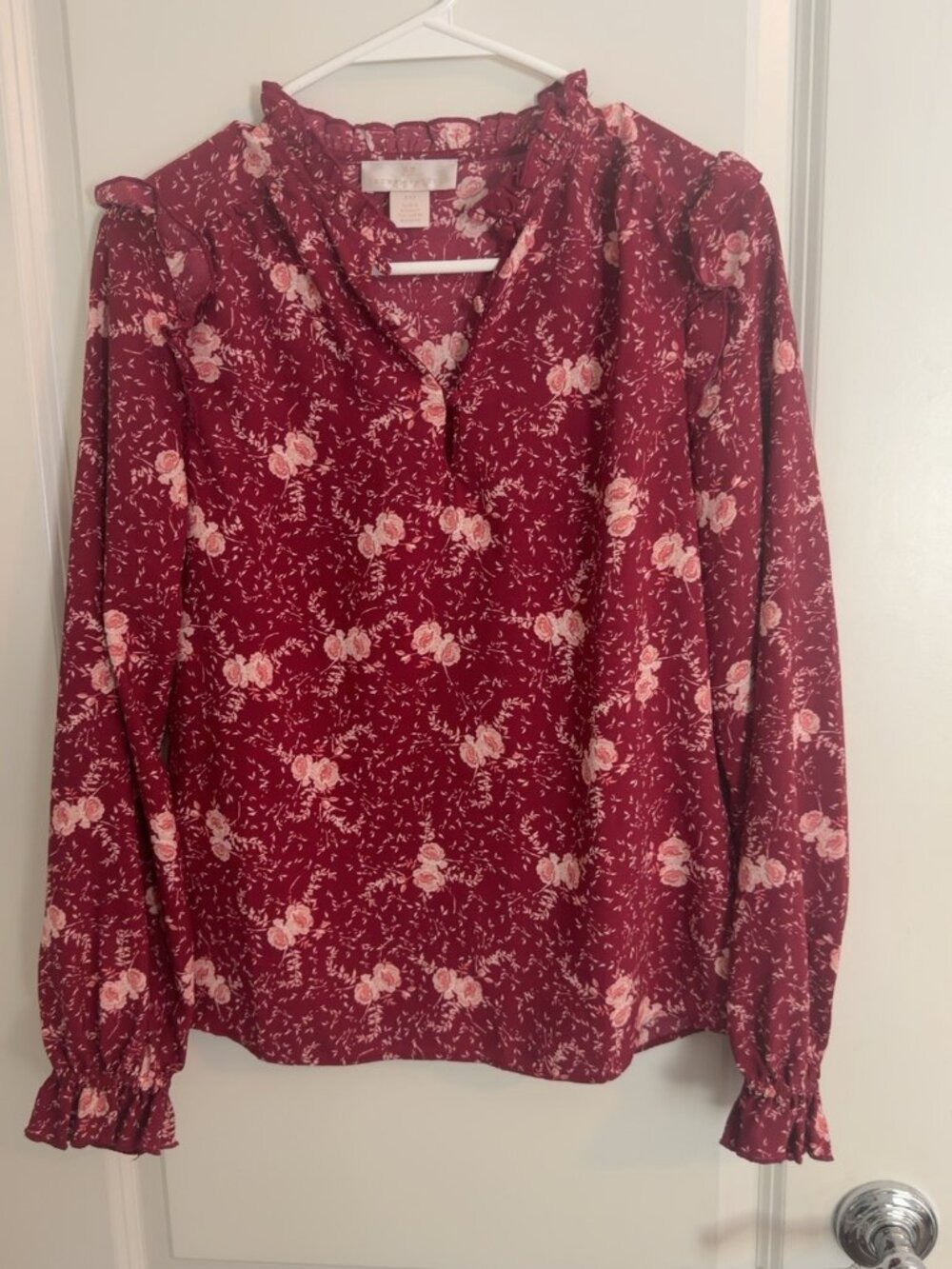 Rachel Parcell Burgundy Pink Floral Ruffle Long Sleeve Blouse XXS